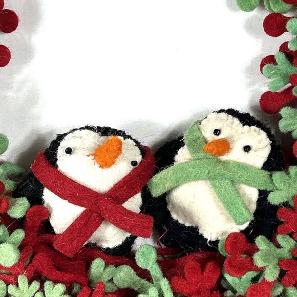 Boiled Wood Wreath Penguins Snowflakes Winter Red Green Hand Crafted 16" - Picture 2 of 3